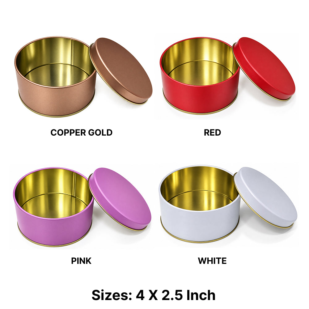 CL083 Matte Round Metal Gift Tin Box with Lid – 4 PCS Bundle Pack (4 x 2.5 Inch)