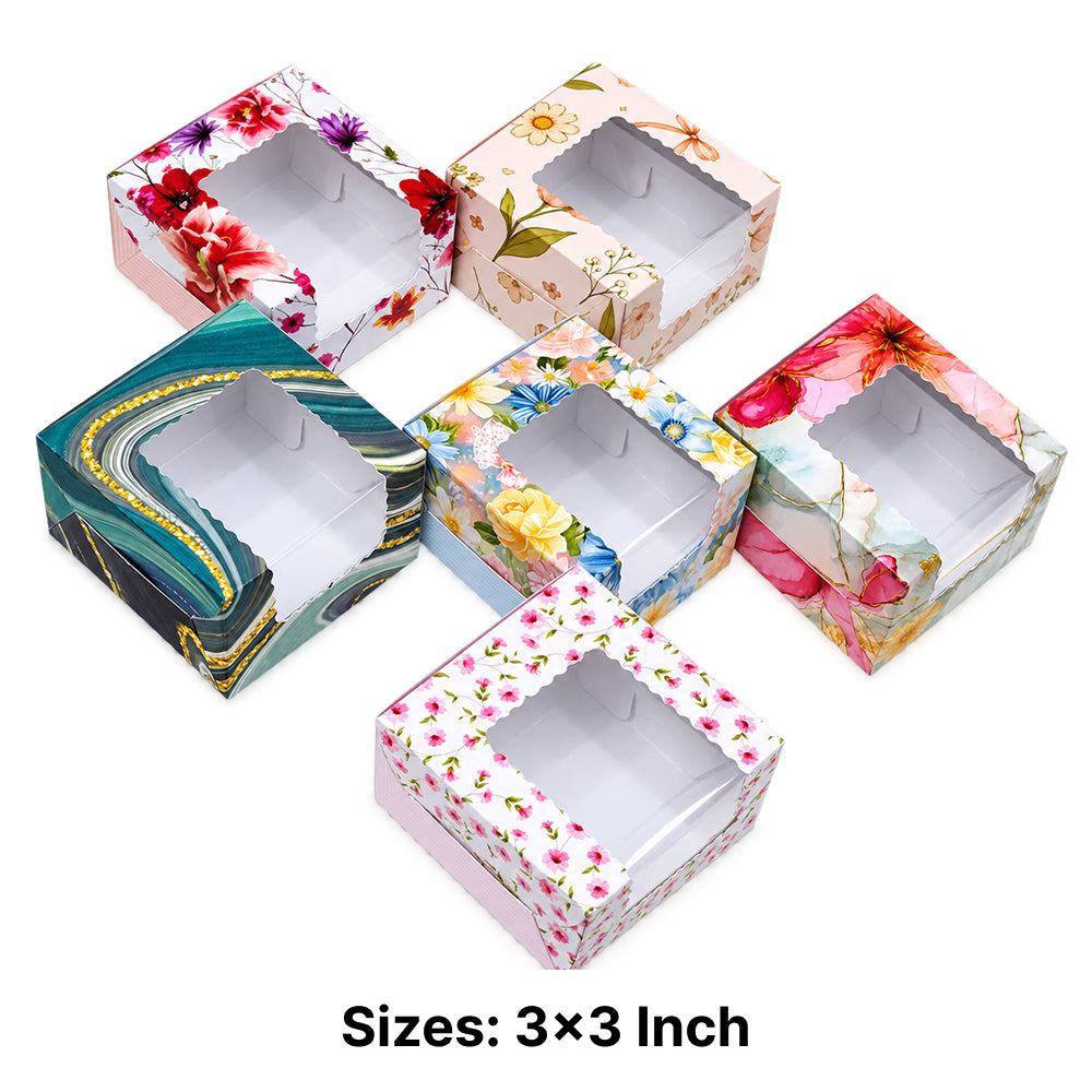 CB056 Square Brownie Boxes with Window, Assorted Floral Designs,Chocolate & Desserts Pack of 10