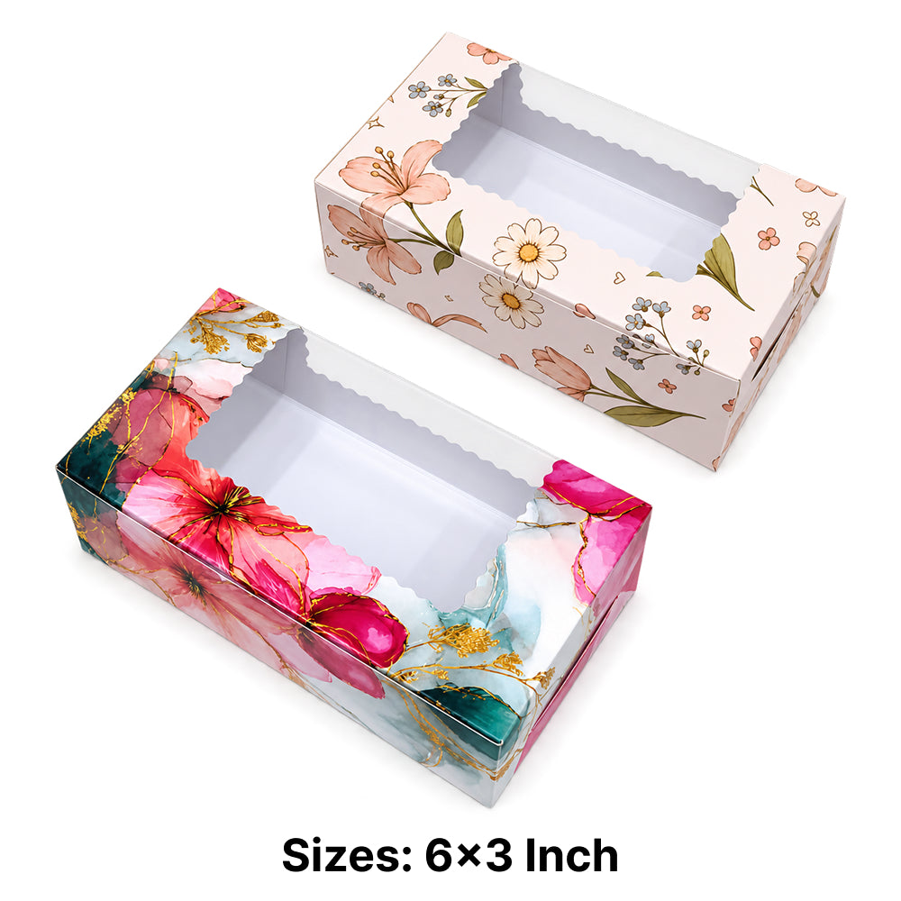 CB057 Rectangle Brownie Boxes with Window, Assorted Floral Designs,Chocolate & Desserts Pack of 10