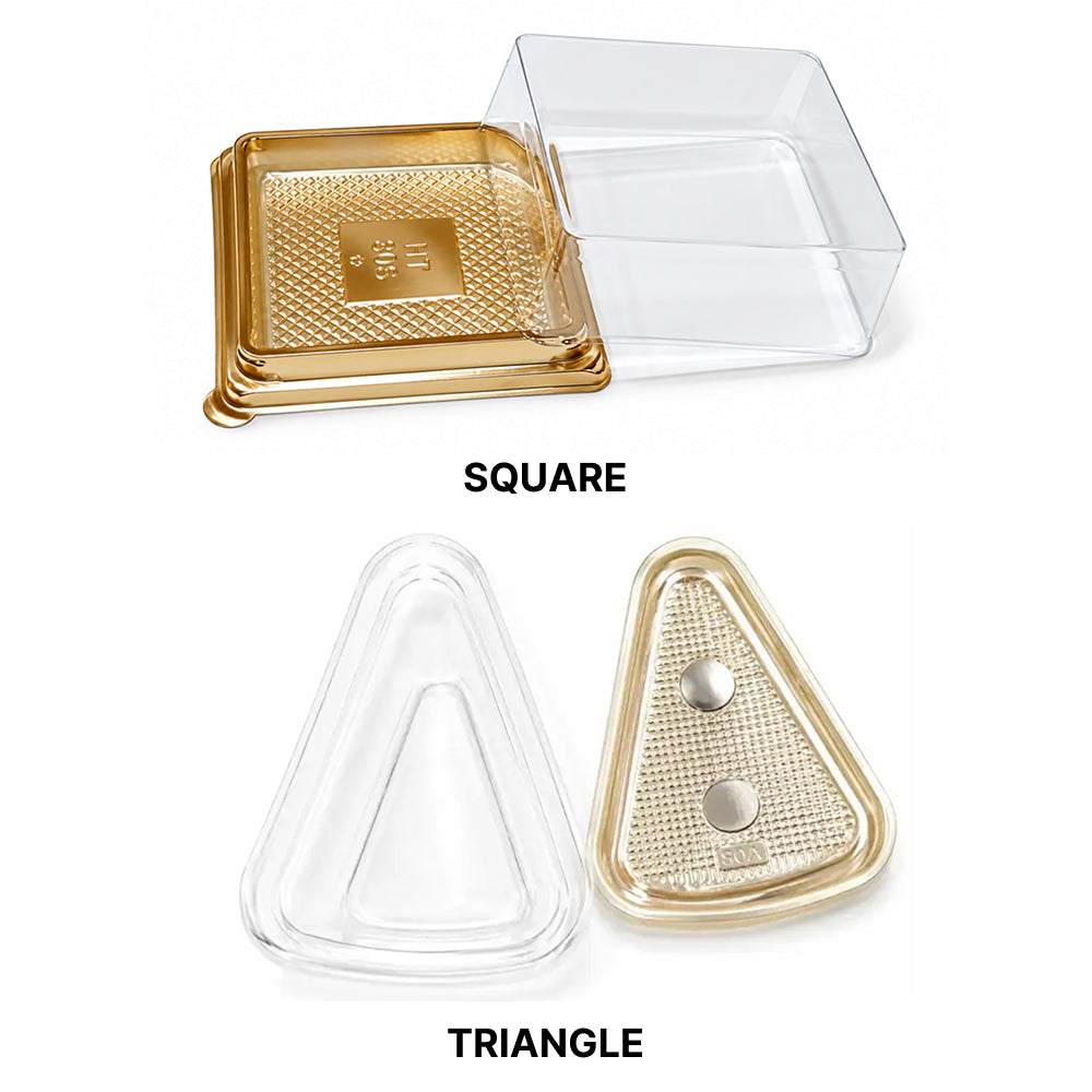 CL101 Square & Triangle Dessert Container with Gold Lid | Transparent Cake & Pastry Box Pack of 10