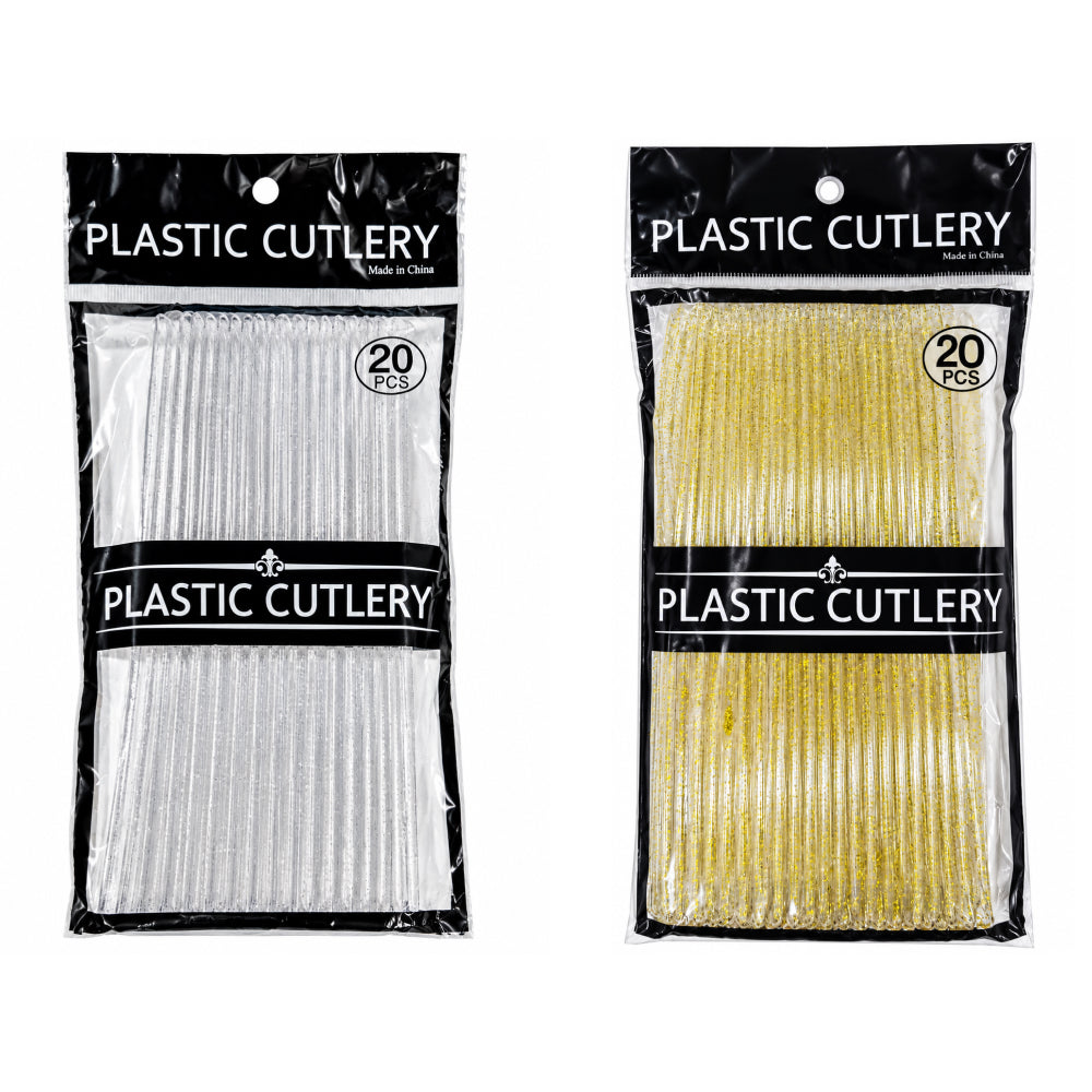 BT312 Premium Heavy Quality Transparent Plastic Cake Knife Silver & Golden Shimmer,Pack of 20 Pcs