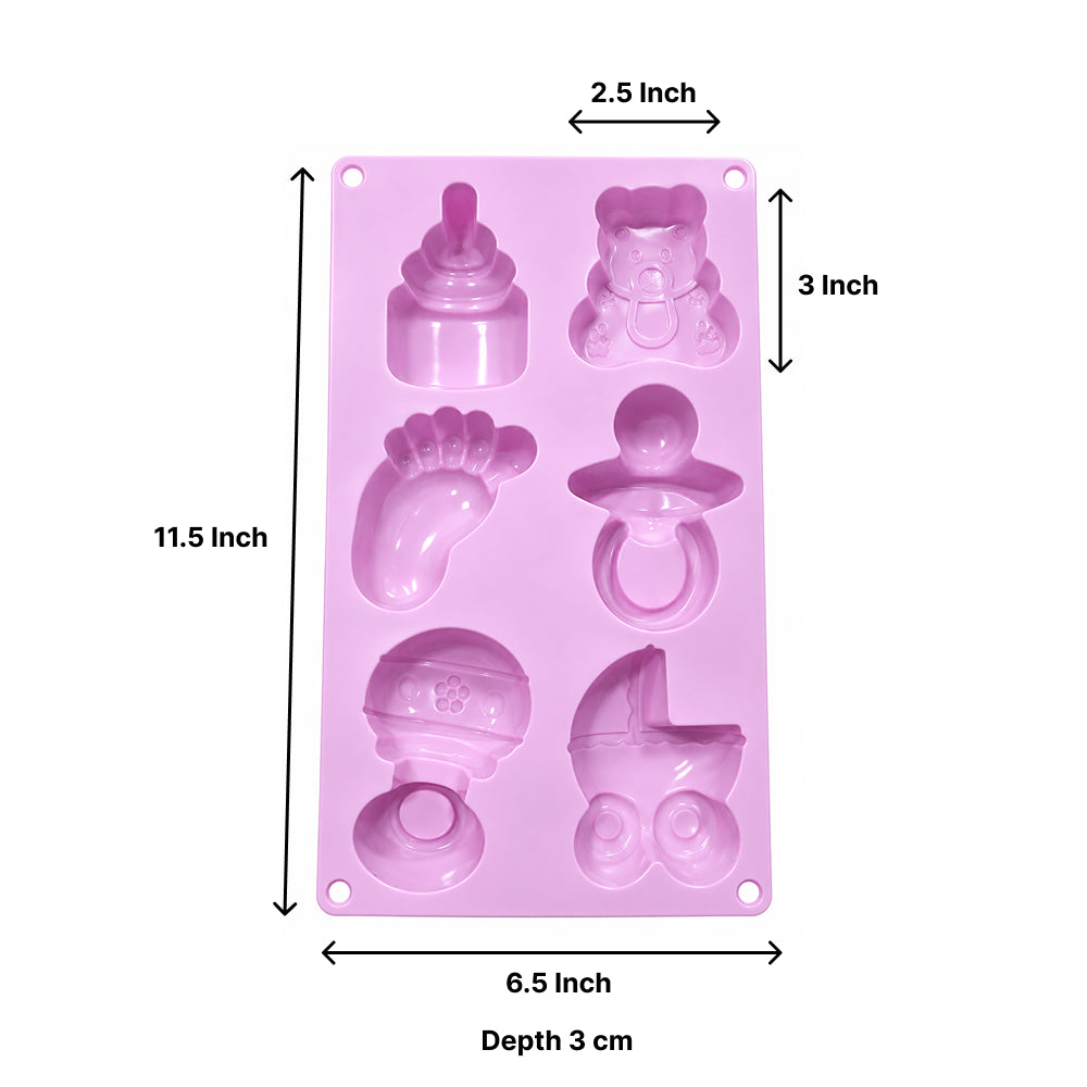 CM285 Baby Theme 6 Cavity Silicone Chocolate & Cake Mould – Teddy Bear, Feeding Bottle, Baby Foot, Pacifier,Baby Stroller & Rattle