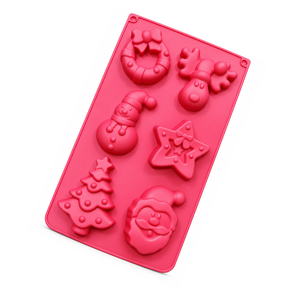 CM284 Christmas Theme 6 Cavity Silicone Chocolate & Cake Mould – Santa, Snowman, Reindeer, Christmas Tree,Star & Wreath