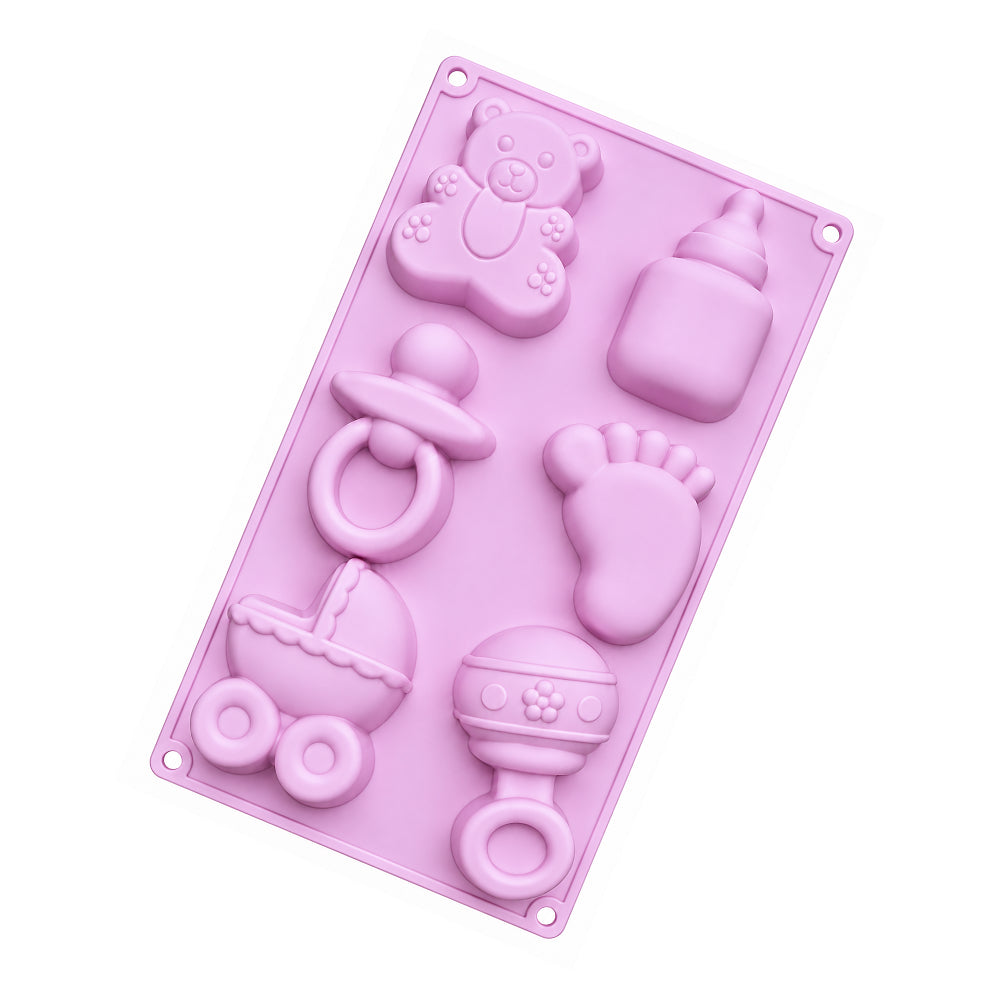 CM285 Baby Theme 6 Cavity Silicone Chocolate & Cake Mould – Teddy Bear, Feeding Bottle, Baby Foot, Pacifier,Baby Stroller & Rattle