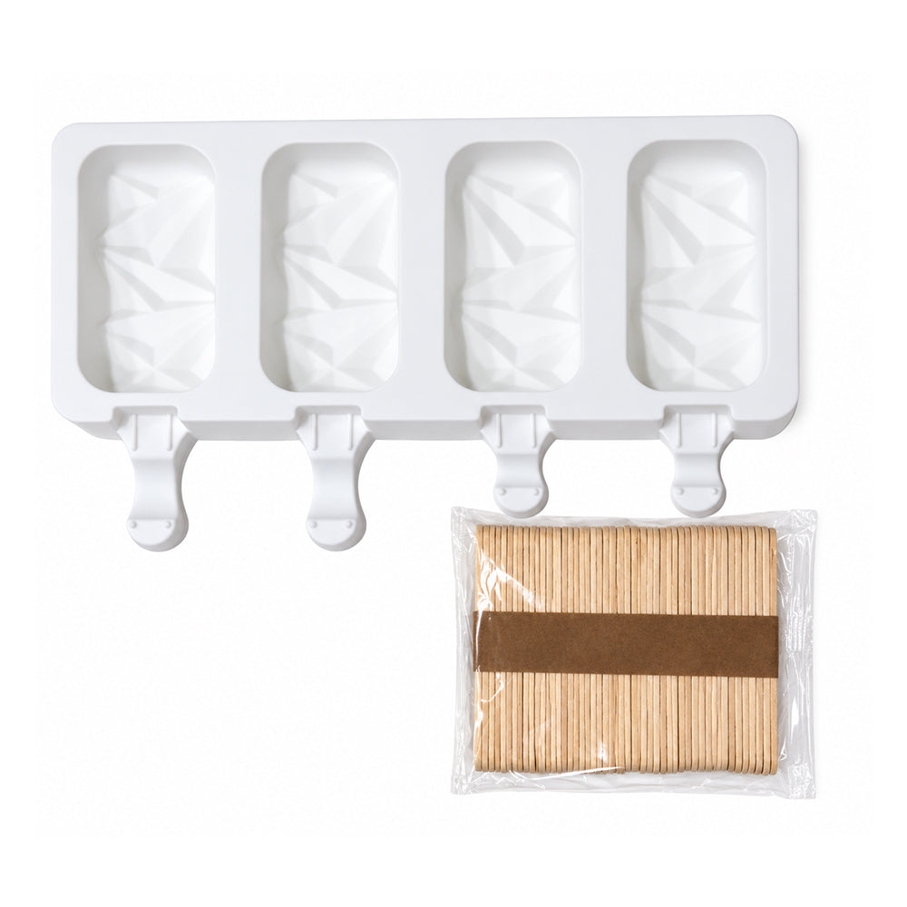CM217 4 Cavity 3D Geometric Silicone Popsicle Mould with 50 Wooden Ice Cream Sticks