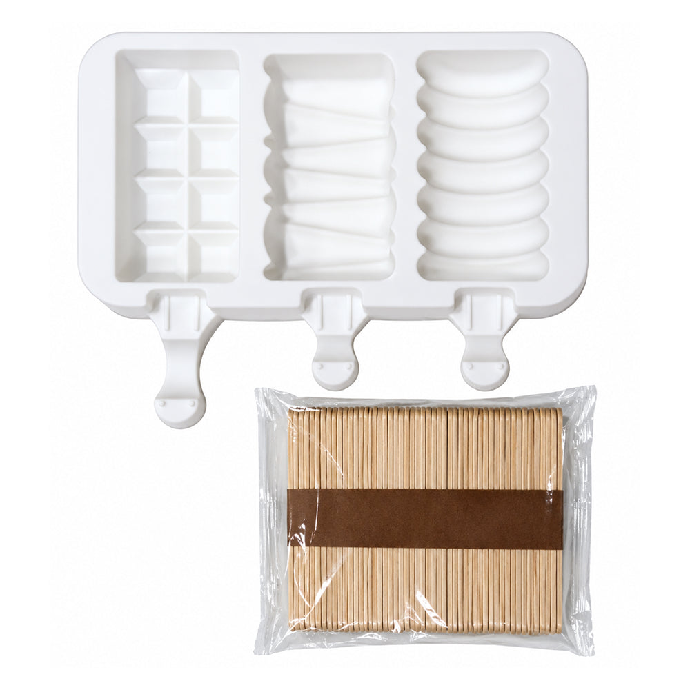 CM216 3 Cavity Multi-Design Silicone Popsicle Mould with 50 Wooden Ice Cream Sticks