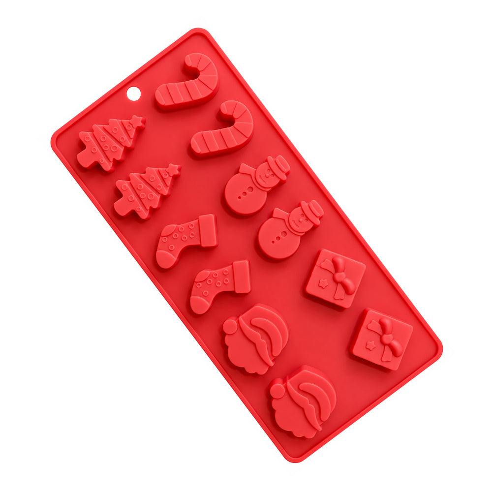 CM289 Christmas Theme Silicone Chocolate Mold – 12 Cavity Santa Claus, Snowman, Christmas Tree, Candy Cane