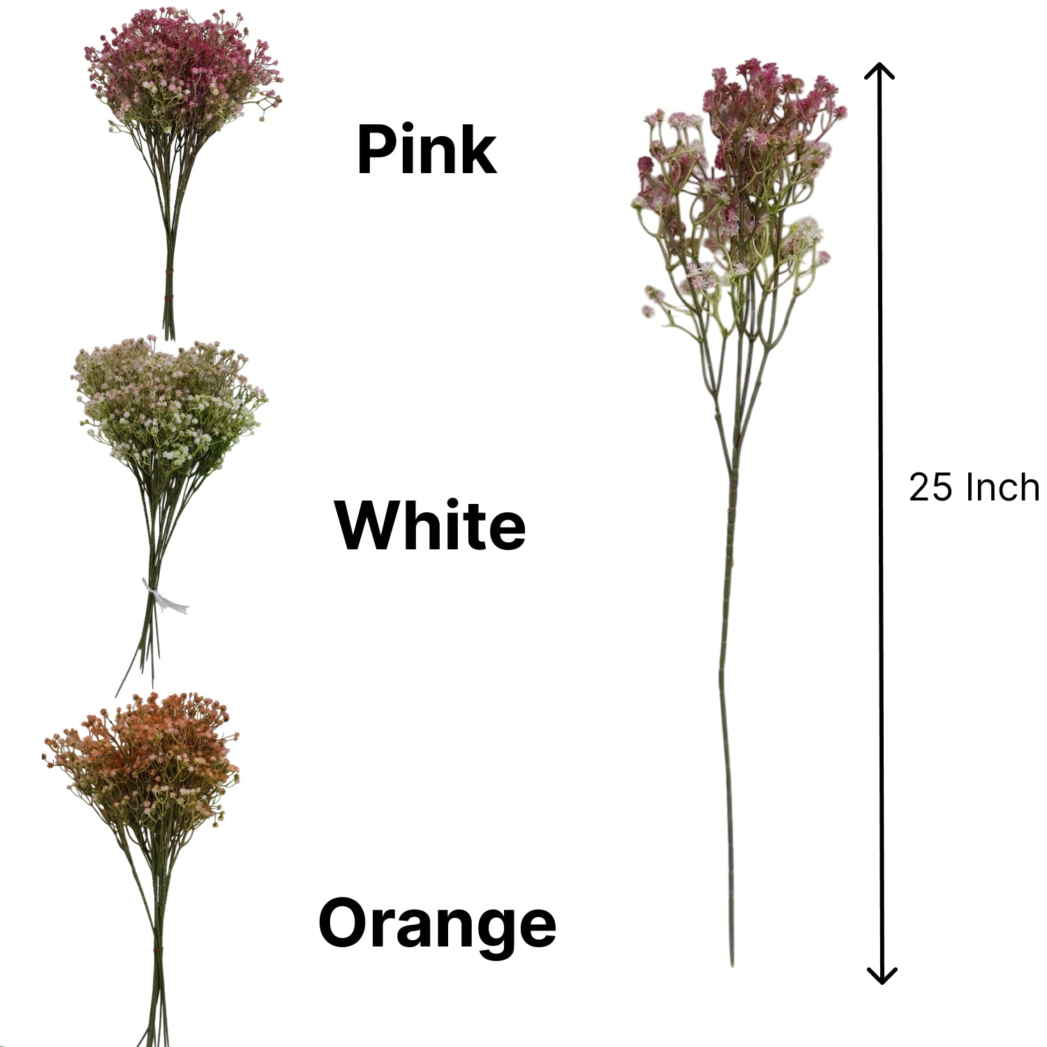 Four flower bouquets in pink, white, and orange Artificial Baby’s Breath Flower – Gypsophila Mini Floral with labels and a measurement indicator on a white background.