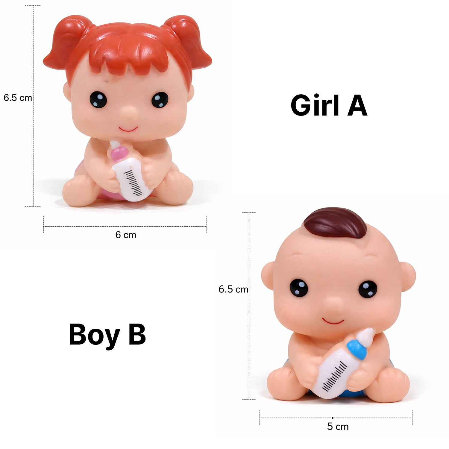 Two toy figures, one labeled 'Girl A' and the other 'Boy B', with measurements indicated in white background.