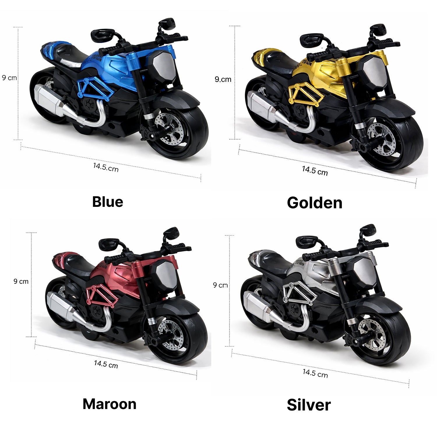 Four toy motorcycles in different colors with dimensions displayed below each in white background.