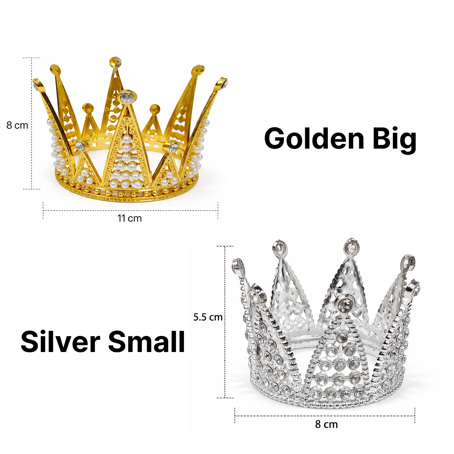 Two crowns for cake topper, one gold and one silver, with measurements on a white background.
