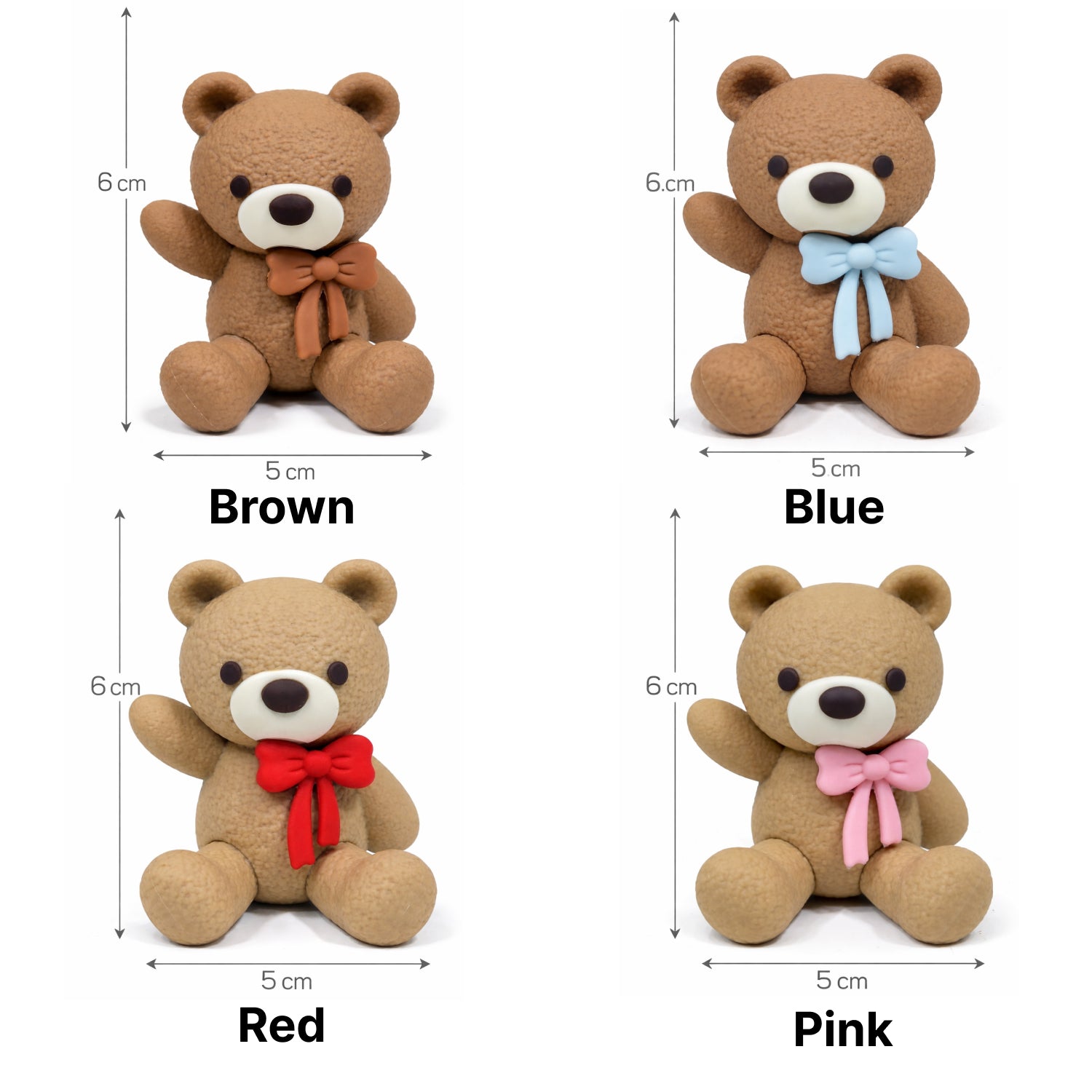 Four teddy bears with different colored bows and measurements on a white background