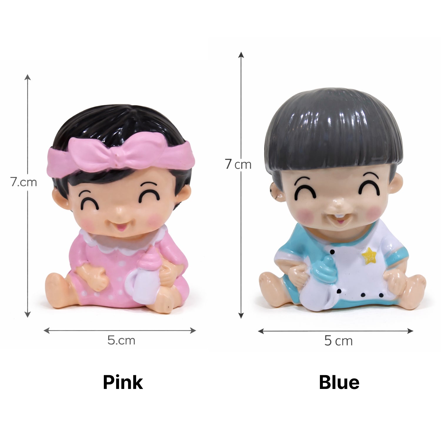 Cute Baby Cake Topper Set with Feeding Bottle Two small figurines, one pink and one blue, with measurements indicated.