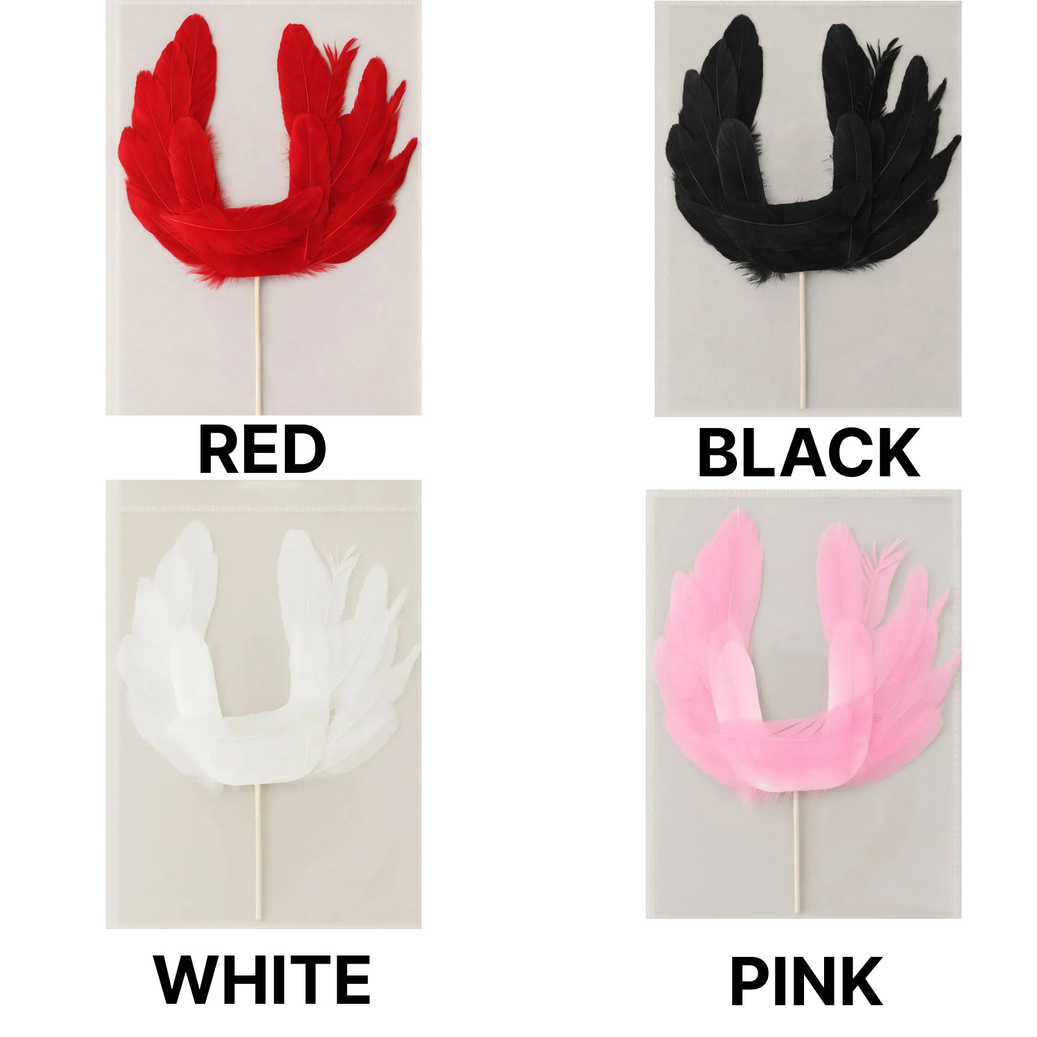 Four feather Cake Topper options in red, black, white, and pink on a gray background.