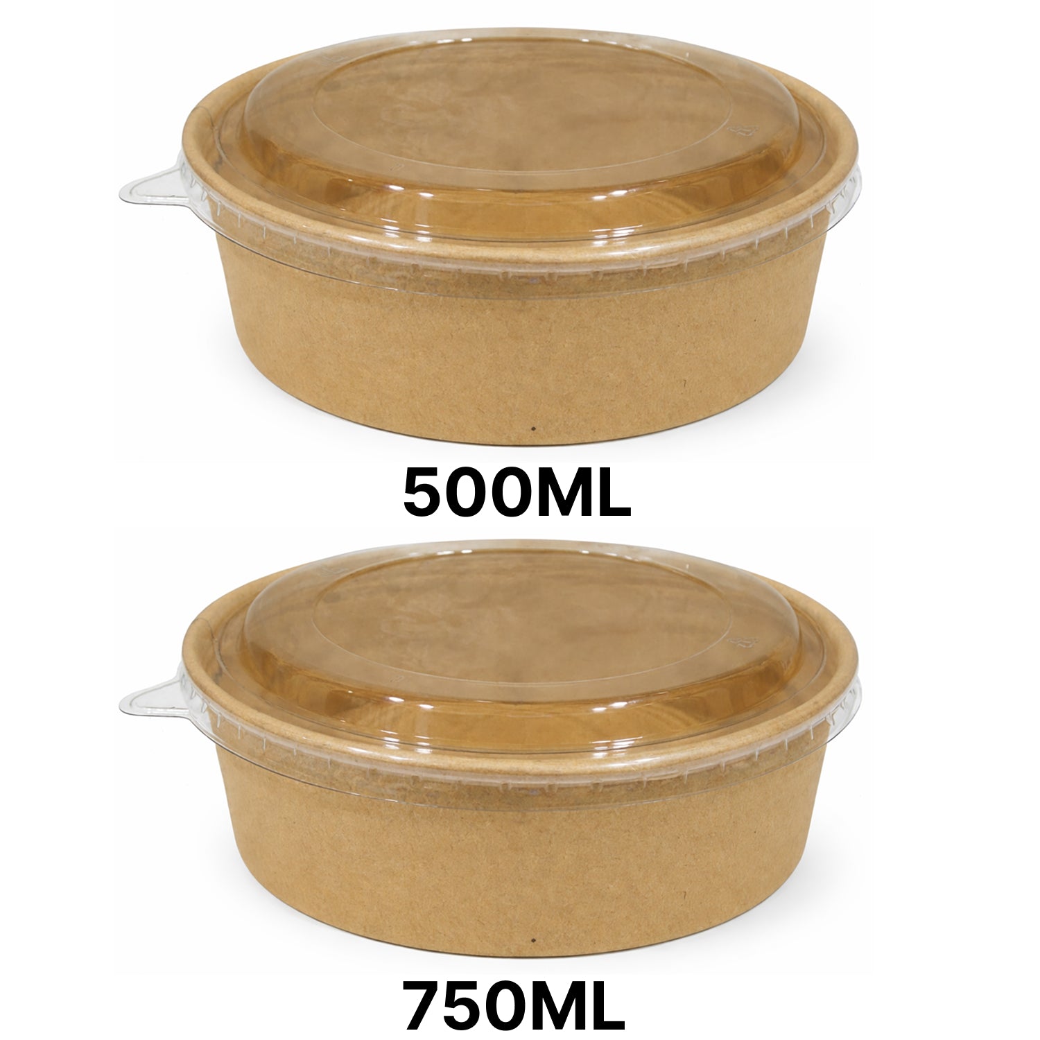 Two brown food containers with clear lids, labeled 500ML and 750ML, on a white background.