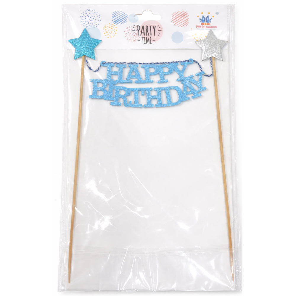 Happy Birthday cake toppers with stars in packaging on a white background