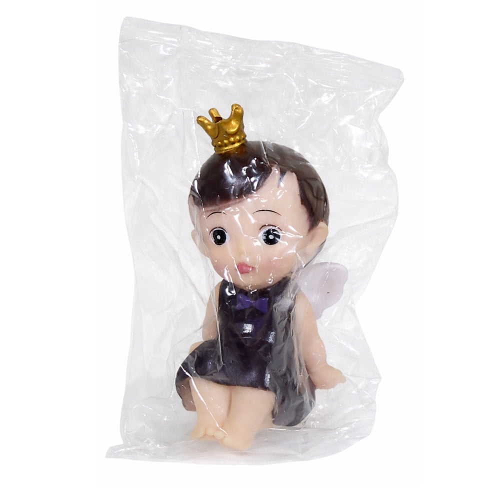 Small figurine of a baby with a gold crown and black outfit in clear packaging on a white background