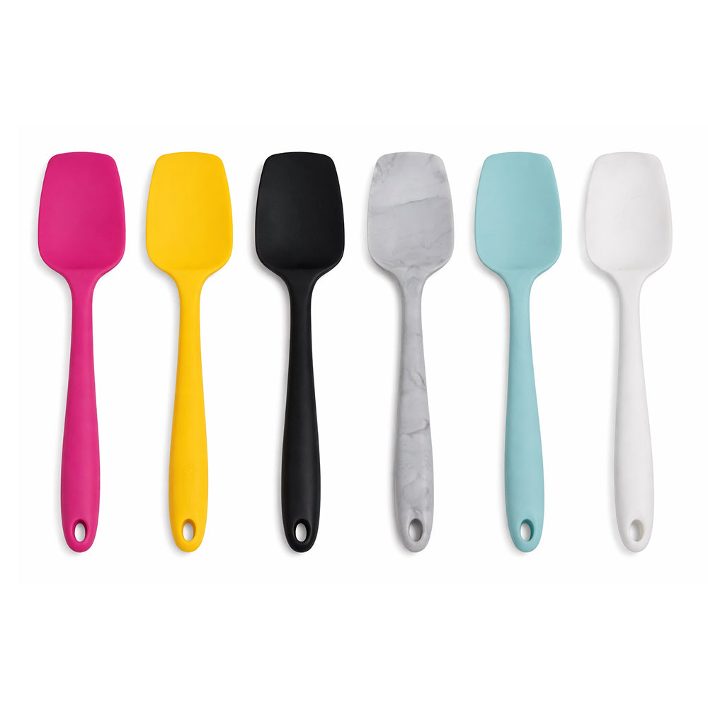 Set of six colorful spatulas on a white background