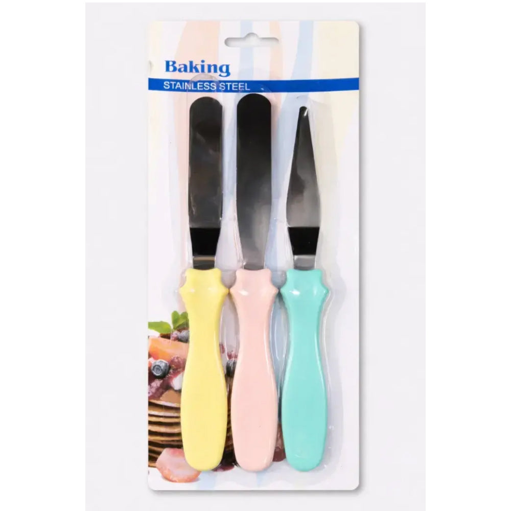 Set of three baking knives with colorful handles in packaging labeled 'Baking'.