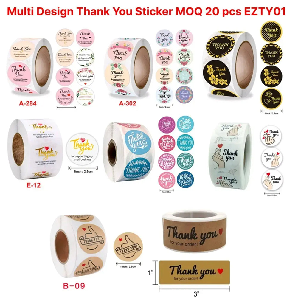 Collection of multi-design 'Thank You' stickers on rolls with various designs.