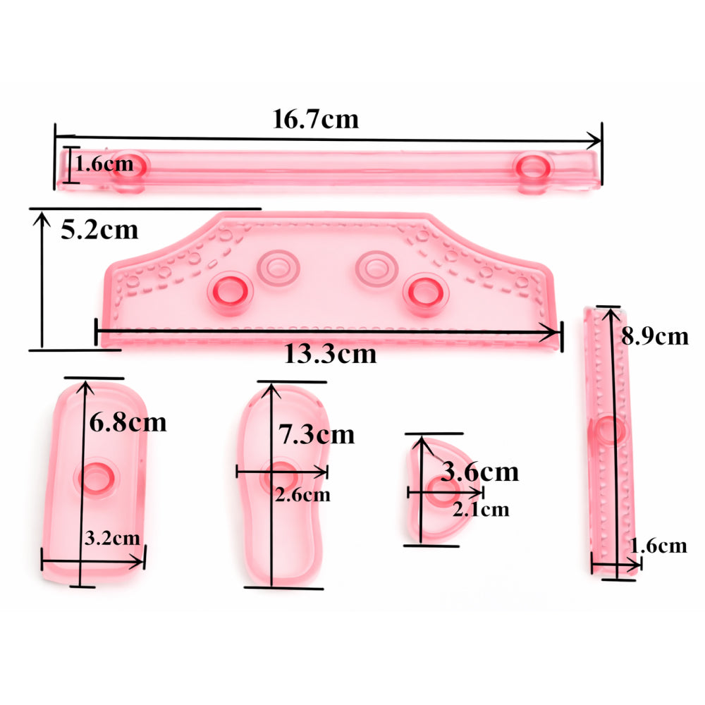 Measurement chart of a pink plastic Shoe cutter with dimensions labeled in centimeters.