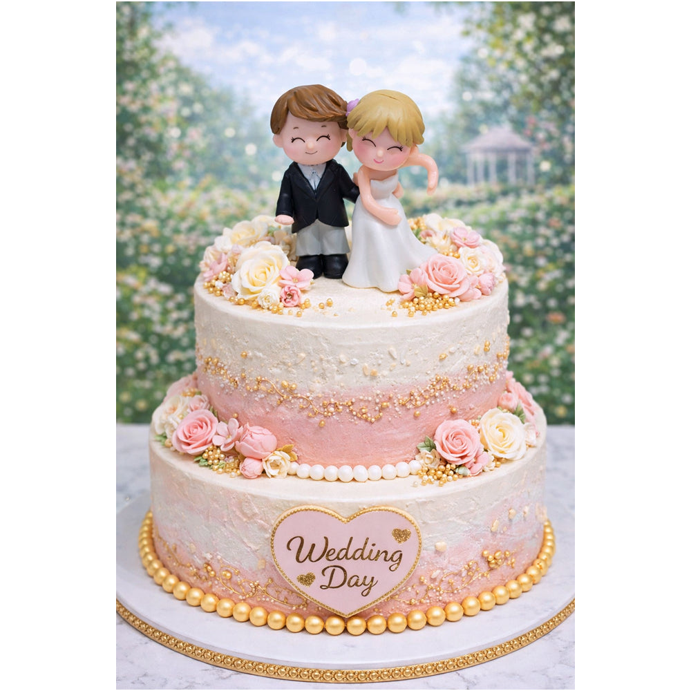 Wedding Miniatures cake with decorative toppers and 'Wedding Day' inscription against a garden background