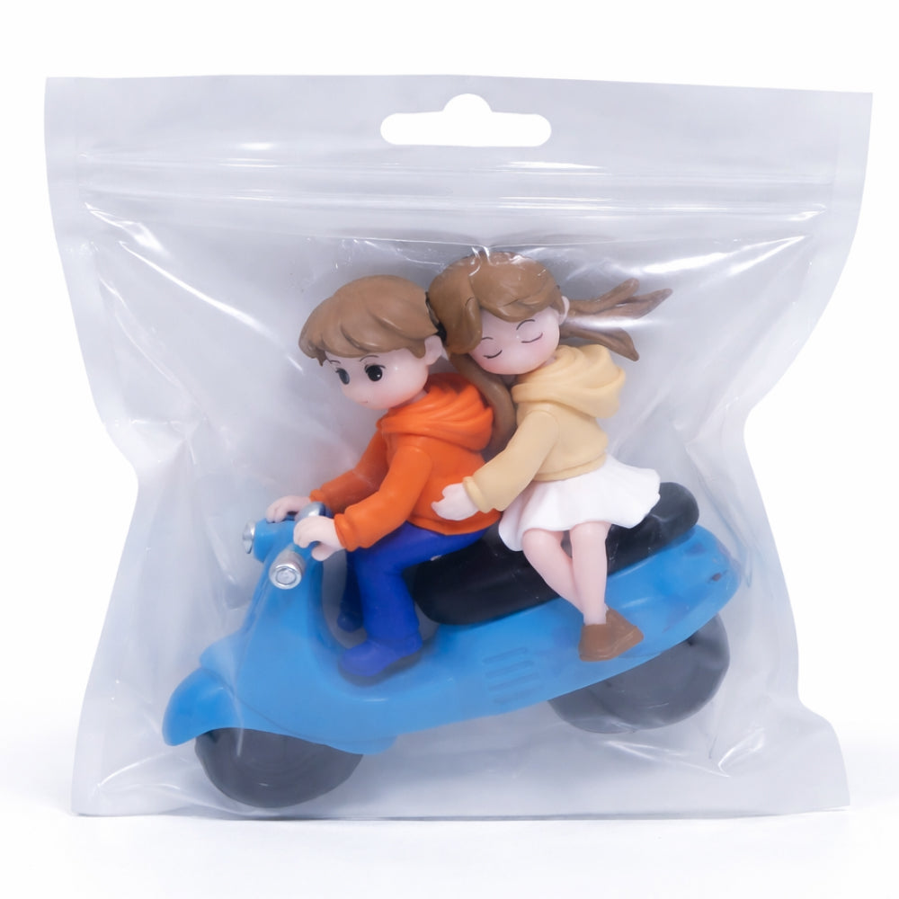 Cute Couple Scooter Cake Topper Figurines – Boy & Girl on Blue Bike | MTRC006B