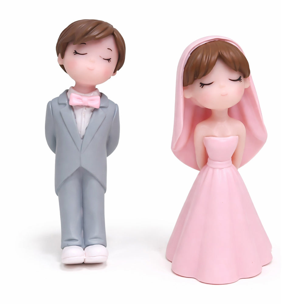 Cute Wedding Couple Cake Topper Figurines – Pink Bride & Grey Groom Set | MTRC518B