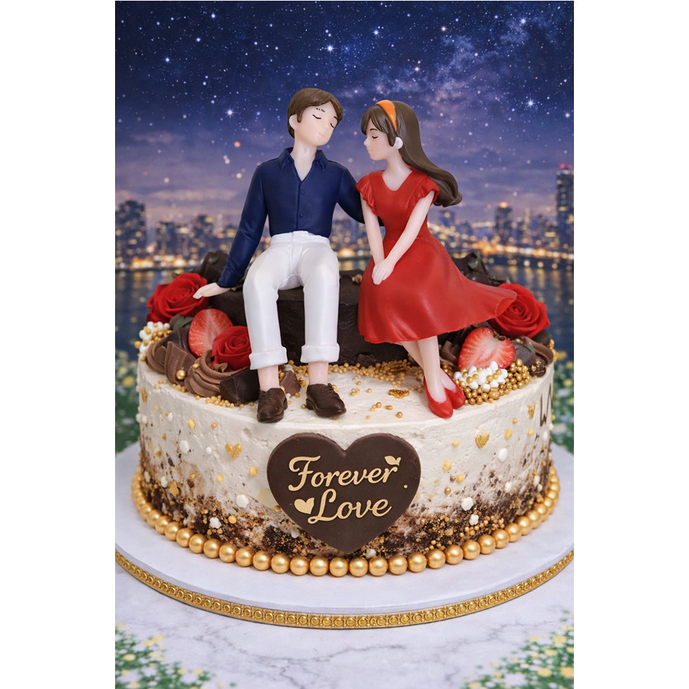 Cake with Miniatures of a couple, strawberries, and 'Forever Love' heart on a city skyline background.