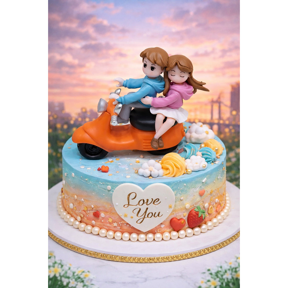 Cake with Miniatures of a couple on a scooter against a sunset sky backdrop