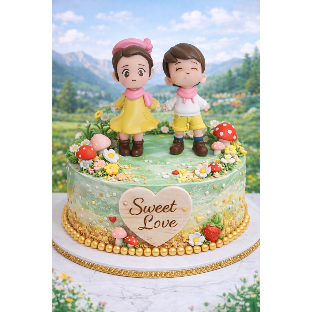 Decorative cake with Miniatures characters and 'Sweet Love' message against a scenic background