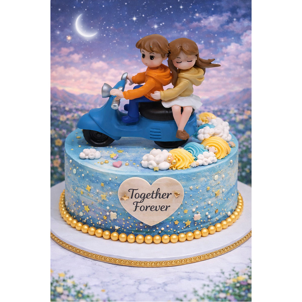 Cake with Miniatures of a couple on a scooter under a starry sky
