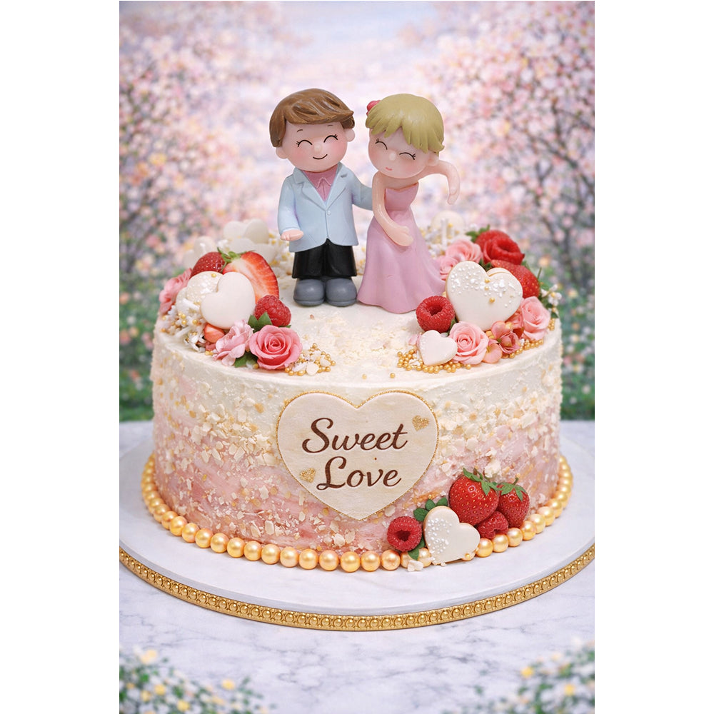 Decorative cake with 'Sweet Love' message and Miniatures against a floral background