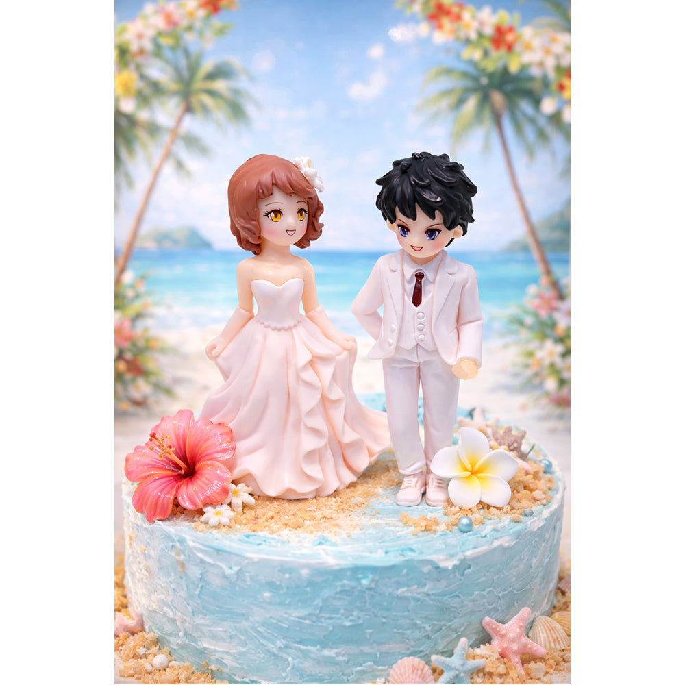 Wedding Miniatures cake topper with figurines of a bride and groom on a beach setting