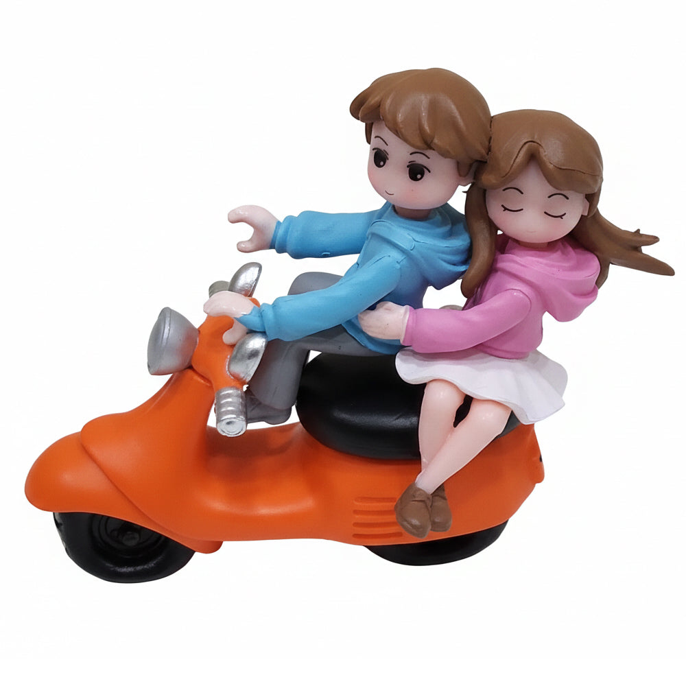Cute Couple Scooter Cake Topper Figurines – Boy & Girl on Orange Bike | MTRC006C