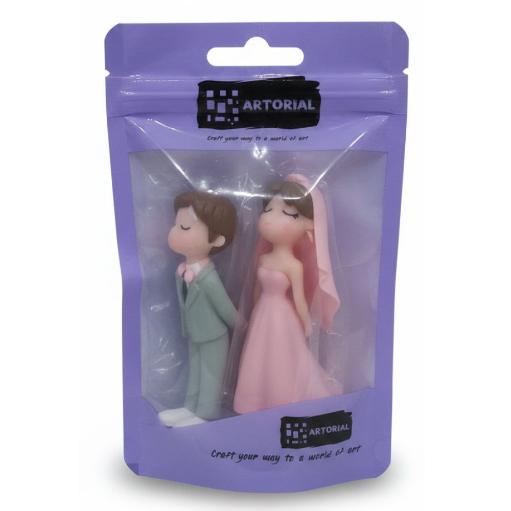 Cute Wedding Couple Cake Topper Figurines – Pink Bride & Grey Groom Set | MTRC518B