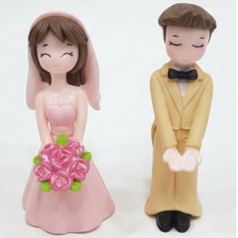Cute Wedding Couple Cake Topper Figurines – Pink Bride & Gold Groom Set | MTRC535B