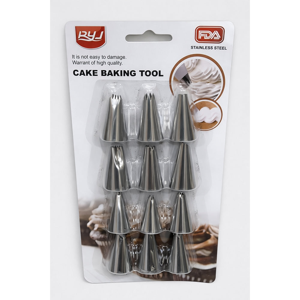 Packaged cake baking tool set with stainless steel nozzles on a white background