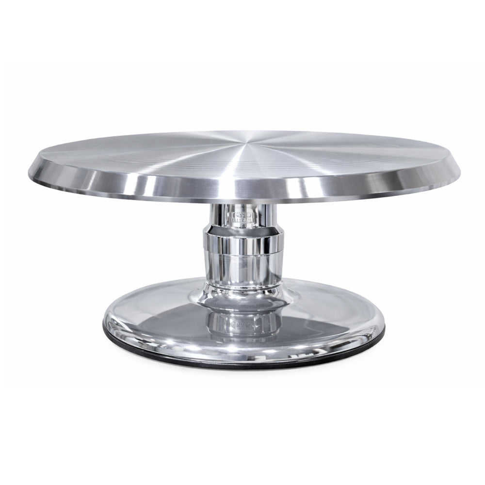 Steel cake stand on a white background