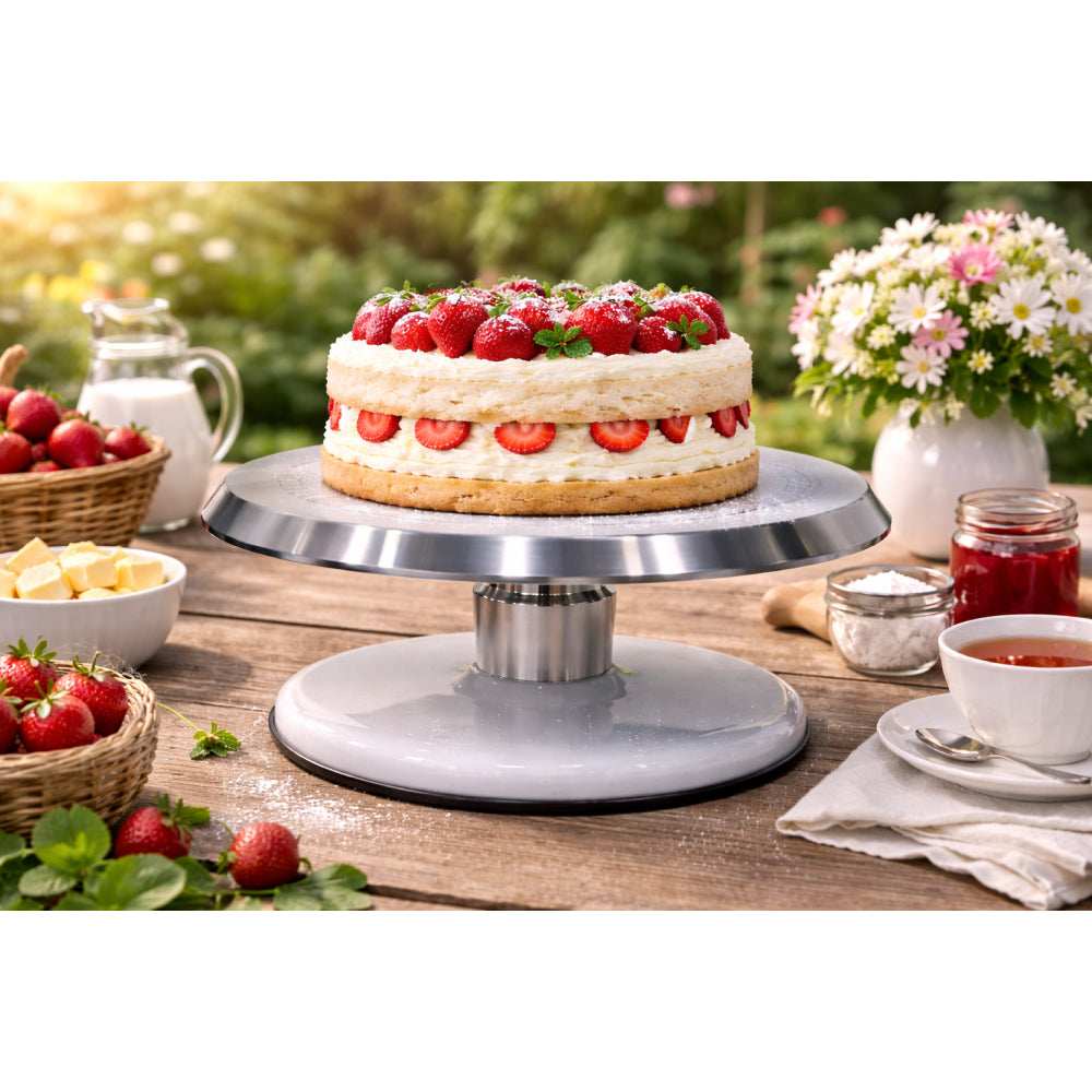 Two-layer cake with strawberries on a turntable outdoors