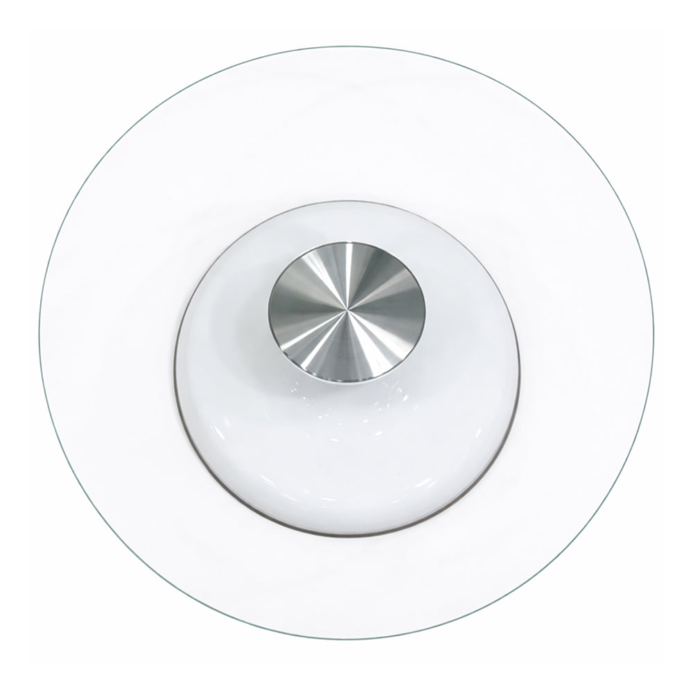 Round glass turntable with a white background