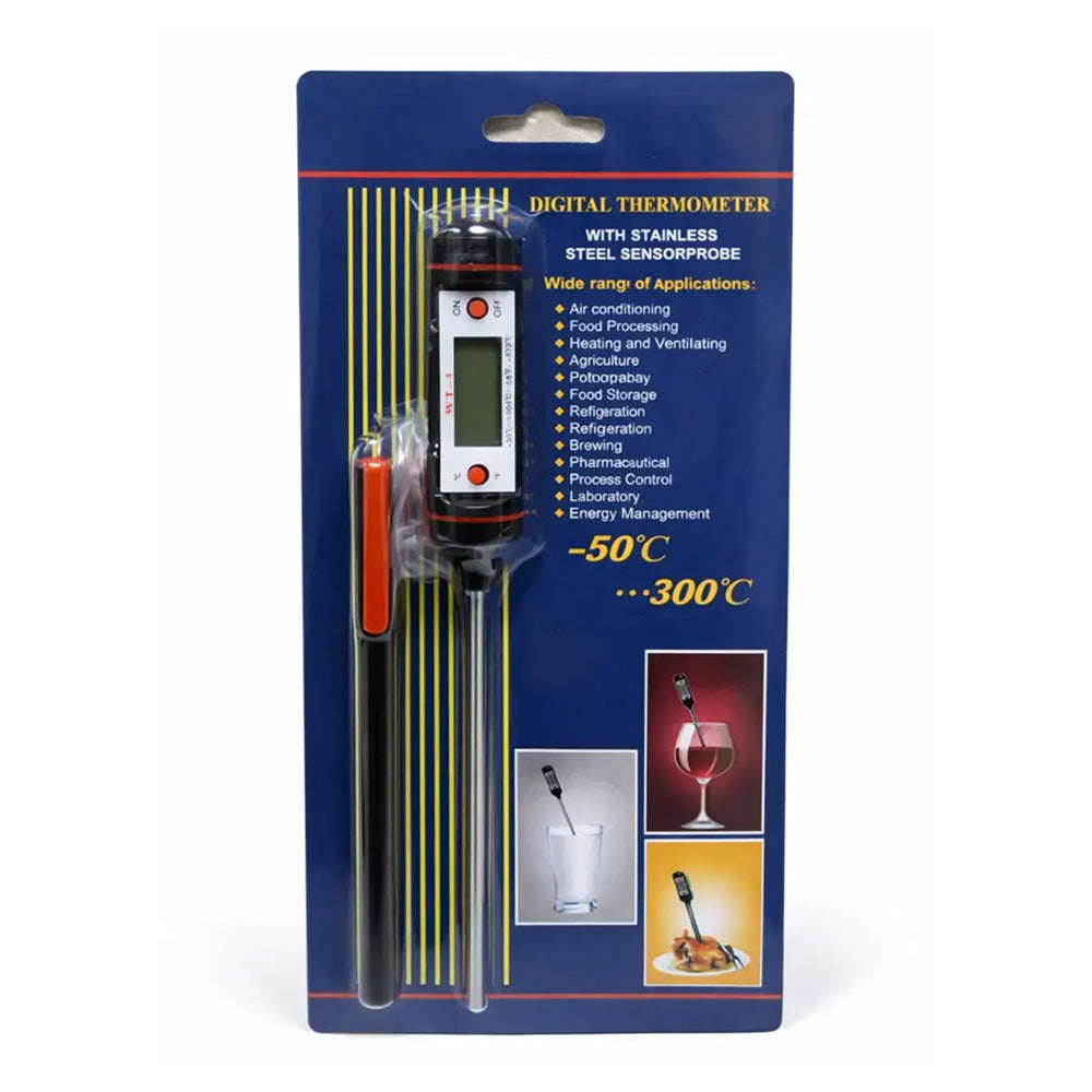 Digital thermometer packaging with temperature range indication on a white background