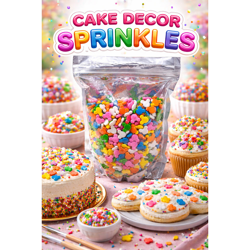 Packaging of cake decor sprinkles with colorful sprinkles and decorated cakes in the background.