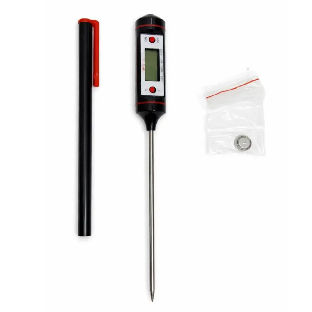 Digital thermometer with a probe and a small pouch on a white background