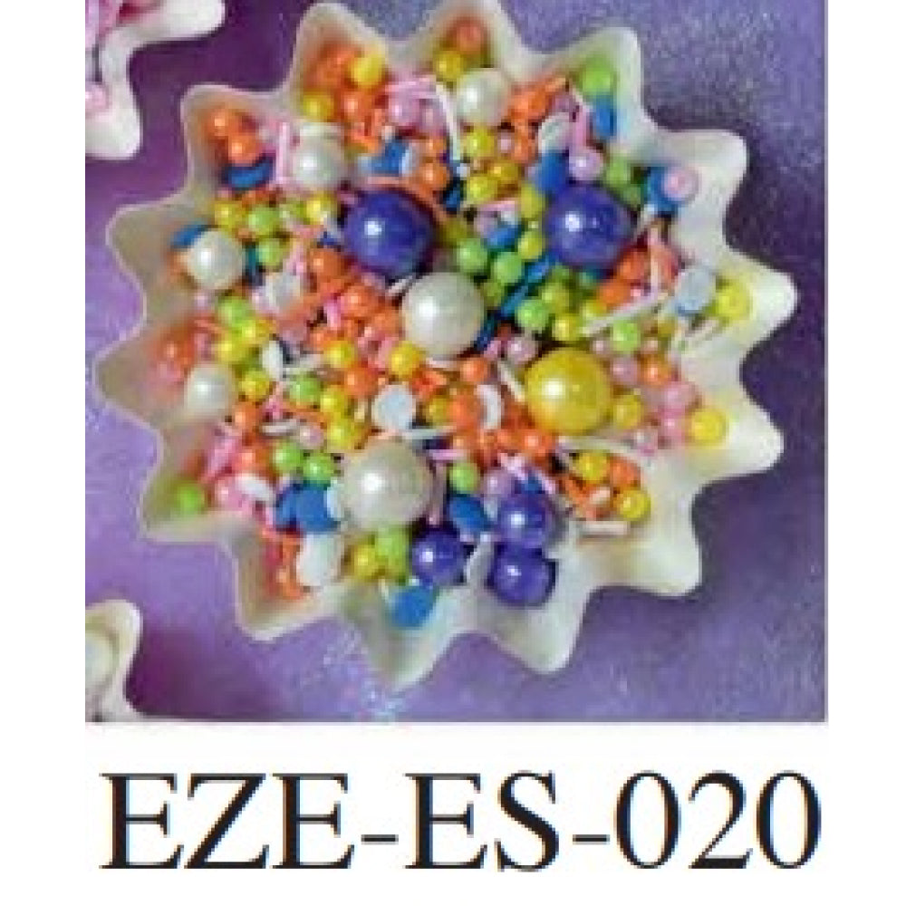 Decorative item with colorful beads and pearls on a purple background, labeled EZE-ES-020.
