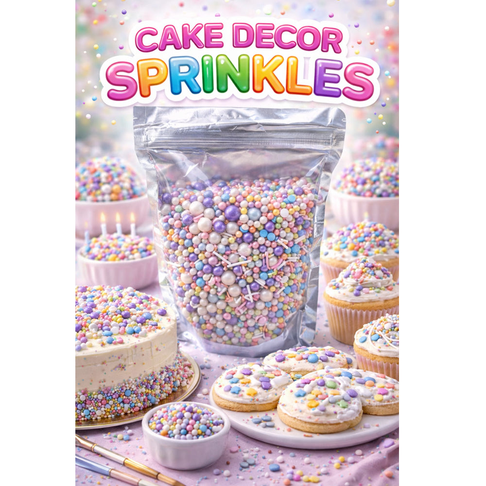 Packaging of cake decor sprinkles with colorful text and examples of sprinkles on cakes and cookies.
