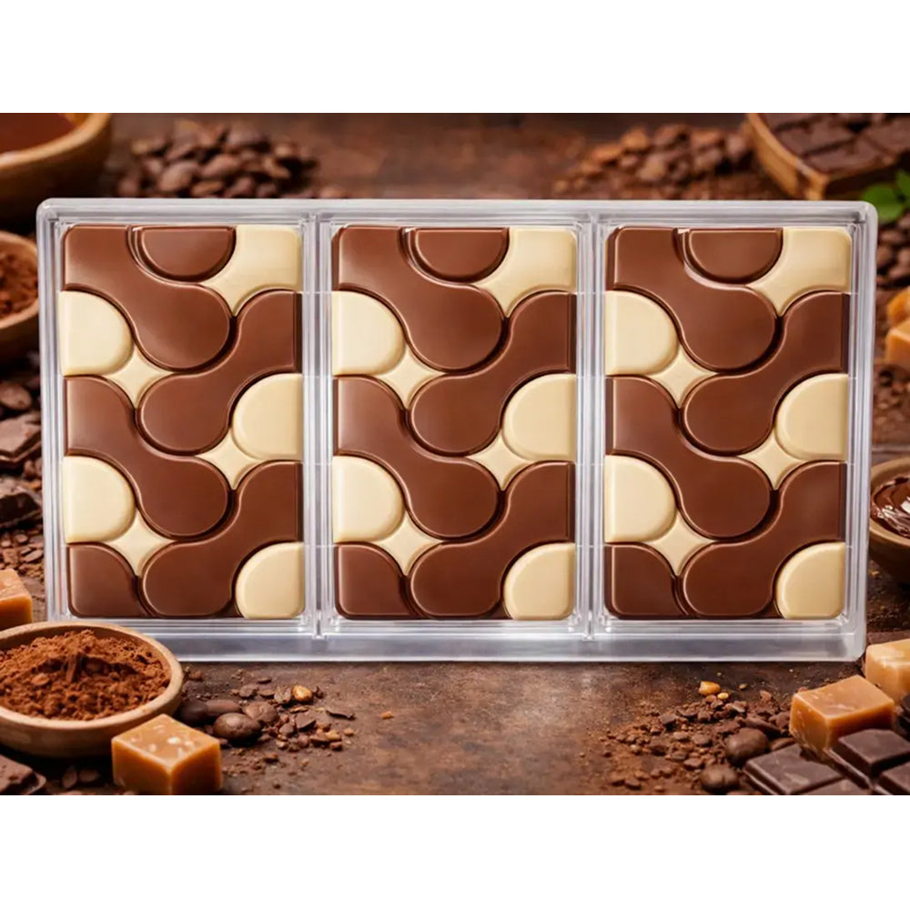 Polycarbonate Three chocolate bars with a wavy pattern in a clear plastic case on a chocolate-themed background.