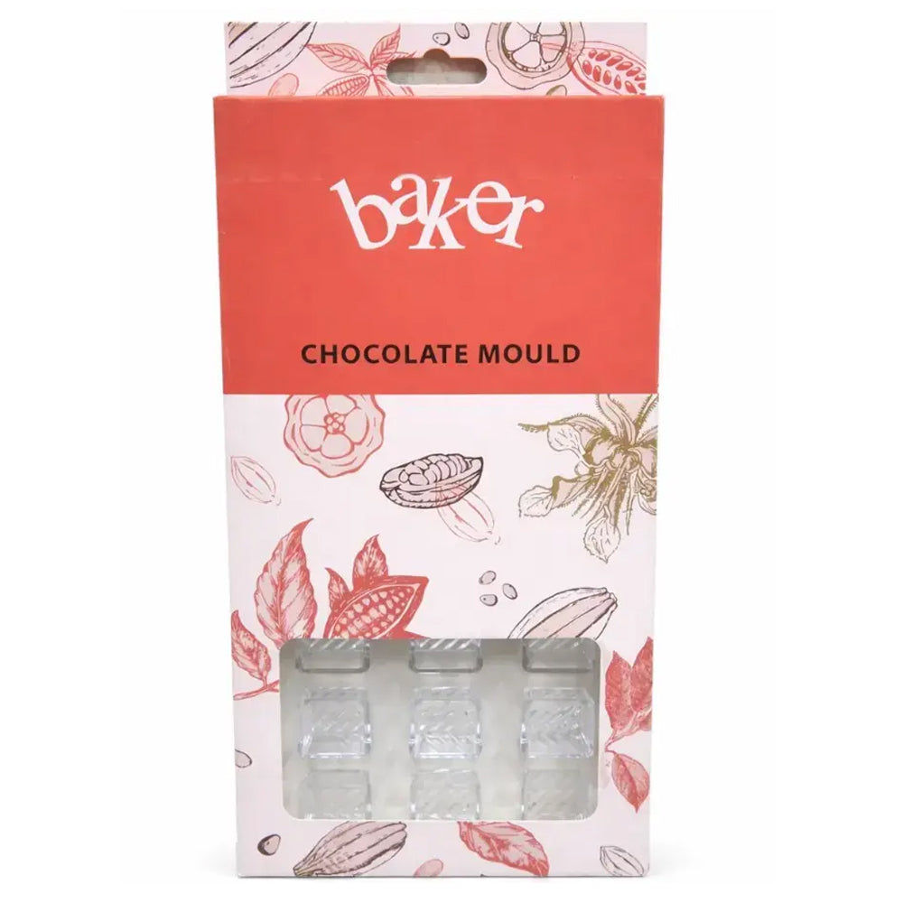 Baker Polycarbonate chocolate mould packaging with floral designs on a white background
