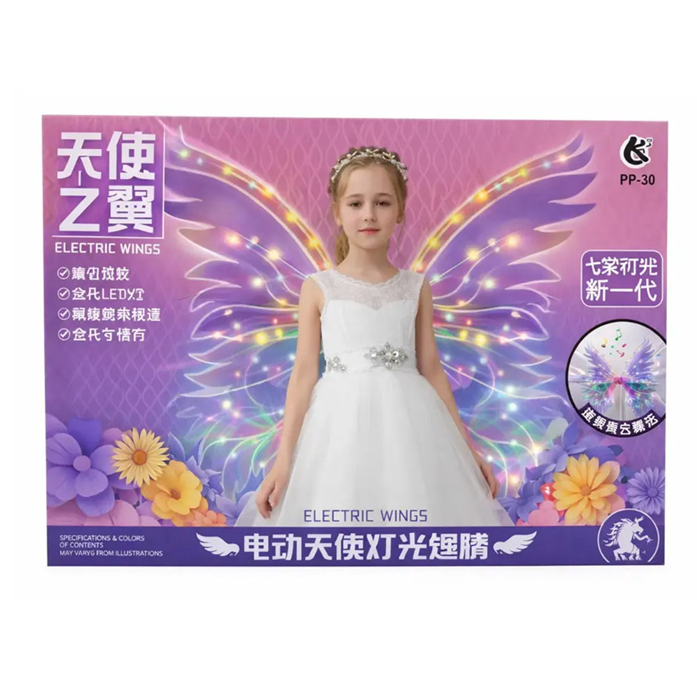 Product packaging for electric wings with a girl in a white dress against a white background