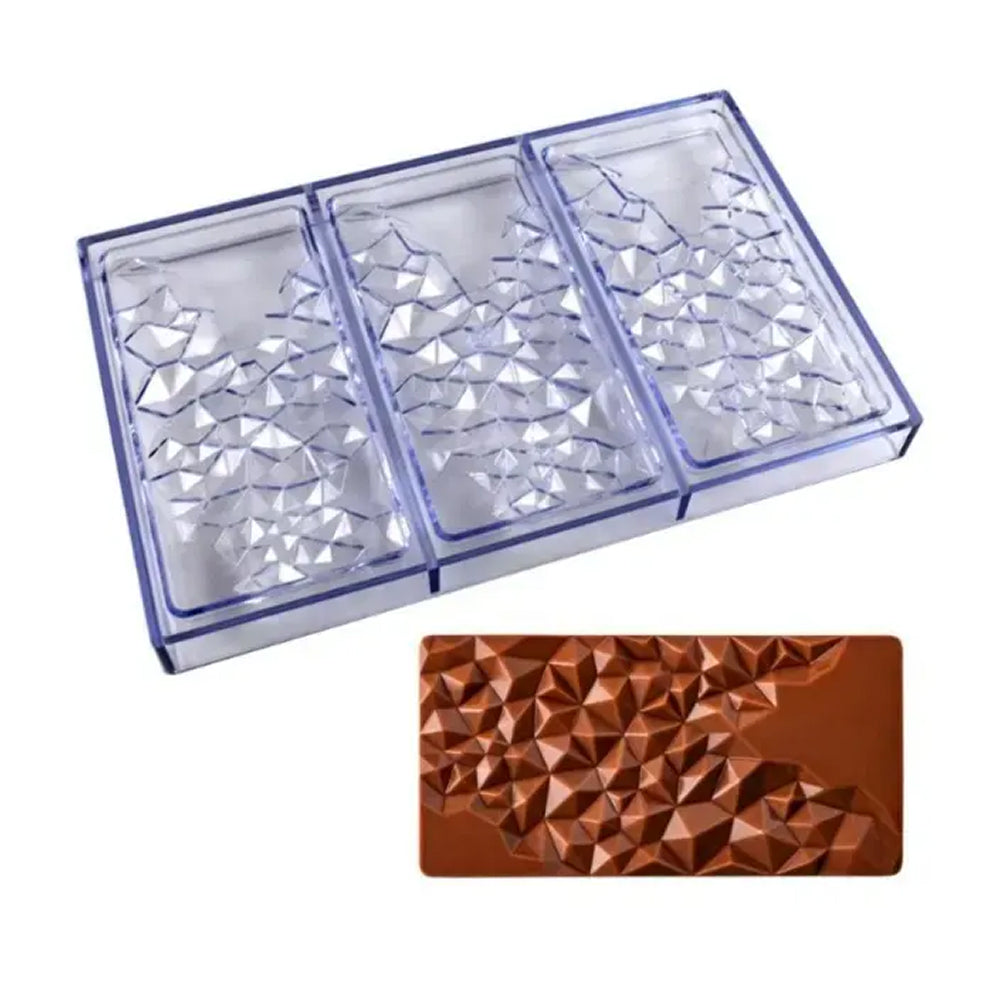 polycarbonate Chocolate mold with geometric patterns and a chocolate bar with similar design on a white background